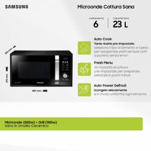 Samsung MG23F302TAK/ET Forno a Microonde Grill a Libera installazione Healthy Cooking, Microonde + Grill 800 W + 1200 W, 23 L, Nero, 48.9 x 27.5 x 39.2 cm