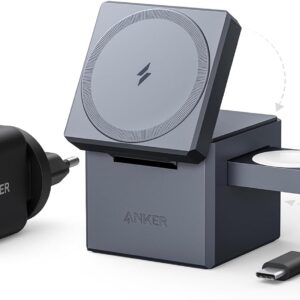 Anker Caricatore Magsafe Cube 3 in 1 con MagSafe, caric. wireless richiudibile ricarica rapida max 15 W, iPhone 16/15/14, Apple Watch Series 1-8/Ultra, AirPods Pro/3/2 (con caric. USB-C 30 W)