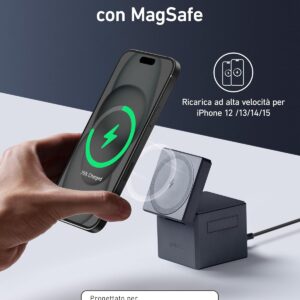 Anker Caricatore Magsafe Cube 3 in 1 con MagSafe, caric. wireless richiudibile ricarica rapida max 15 W, iPhone 16/15/14, Apple Watch Series 1-8/Ultra, AirPods Pro/3/2 (con caric. USB-C 30 W)