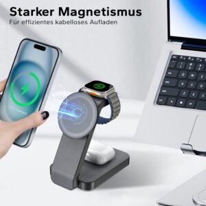 Eazpower Stazione Ricarica Apple Pieghevole, Stazione di Ricarica Apple Wireless Rapida da 15W per Apple Watch e iPhone, Caricatore Wireless 3 in 1 Compatibile con iPhone16-12 Series