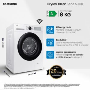 Samsung Lavatrice Crystal Clean WW80CGC04DAHET, Libera installazione, 8 Kg, 1400 RPM, Wifi, Ecobubble, Vapore Igienizzante, Carica Frontale, 60l x 85h x 60p cm