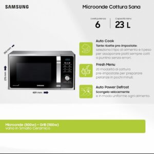 Samsung Forno a Microonde Grill Healthy Cooking MG23F301TAS/ET, Fresh Menu, QuickDefrost, Microonde + Grill 800 W + 1100 W, 23 Litri, 49L x 27,5H x 39P cm, Colore: Silver