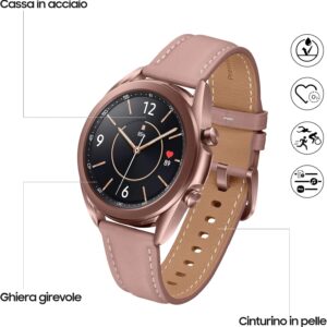 Samsung Galaxy Watch3 Smartwatch Bluetooth, cassa 41mm acciaio, cinturino pelle, Saturimetro, Rilevamento cadute, Monitoraggio sport, 48,2g, Batteria 247 mAh, IP68, Mystic Bronze [Versione Italiana]