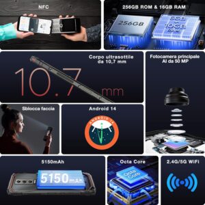 DOOGEE Blade10 PRO Rugged Smartphone 6,56″ 11mm Sottile, 16GB RAM + 256GB ROM (TF 2TB), 50MP+8MP, 5150mAh Octa-Core 4G Telefono Indistruttibile, Android 14 Cellulari, Face ID/NFC/OTC/GPS Nero Argento