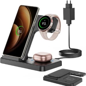 GEEKERA 3 in 1 Caricatore Wireless per Samsung, Pieghevole Stazione di Ricarica per Samsung S24/S23/ZFold/Flip, Ricarica Wireless per Samsung Galaxy Watch, Wireless Charger per Samsung Buds-Nero