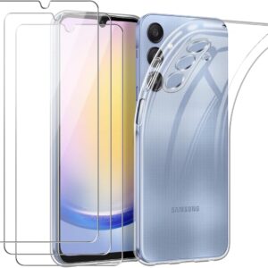 Cover Per Samsung Galaxy A25 5G con 3 Pezzi Vetro Temperato Pellicola Protettiva, Trasparente Morbido TPU Protettiva Custodia