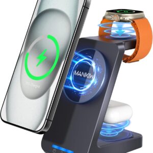 MANKIW 3 in 1 Caricatore Wireless per MagSafe, Stazione di Ricarica Magnetica Rapida per iPhone 16/15/14/13/12 Series, AirPods Pro/3/2 & iWatch
