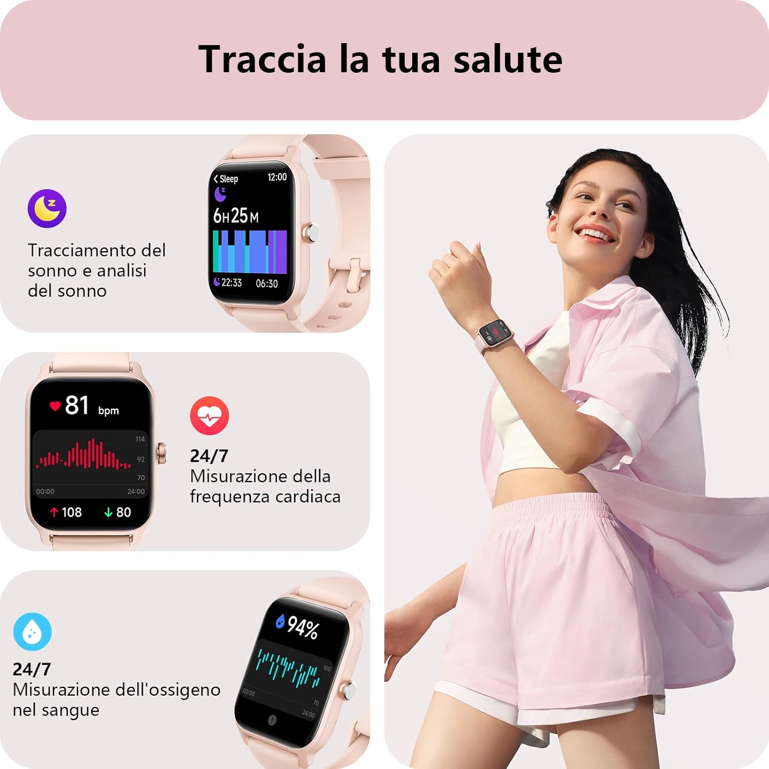 Smartwatch Donna Rispondi/Effettua Chiamate e Alexa, 1.8" Orologio Smartwatch SpO2/Frequenza Cardiaca/Sonno/Stress, Contacalorie/Passi/Distanza, 120 Modalità Sport, Orologio Fitness IP68 Regalo Donna - immagine 3