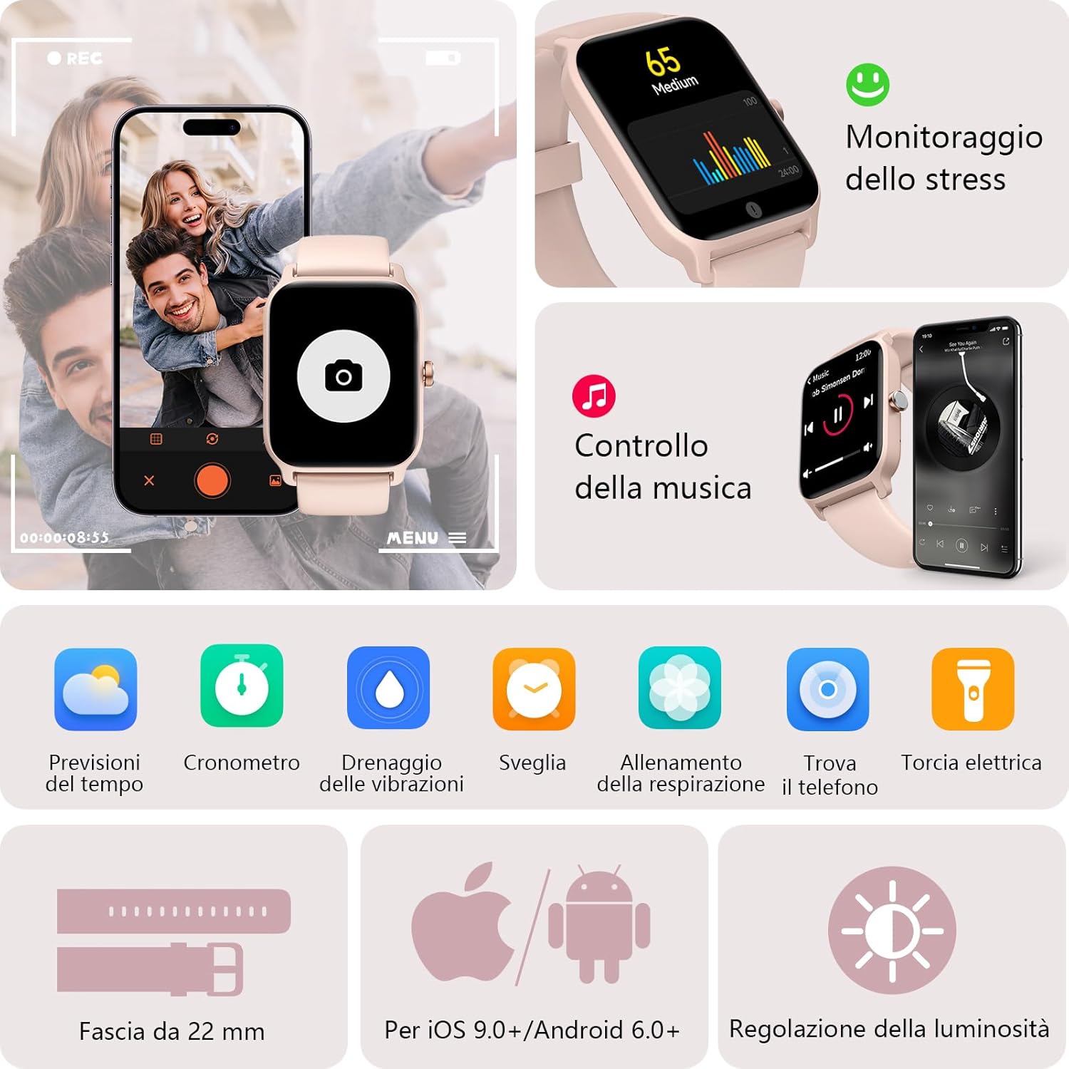 Smartwatch Donna Rispondi/Effettua Chiamate e Alexa, 1.8" Orologio Smartwatch SpO2/Frequenza Cardiaca/Sonno/Stress, Contacalorie/Passi/Distanza, 120 Modalità Sport, Orologio Fitness IP68 Regalo Donna - immagine 7