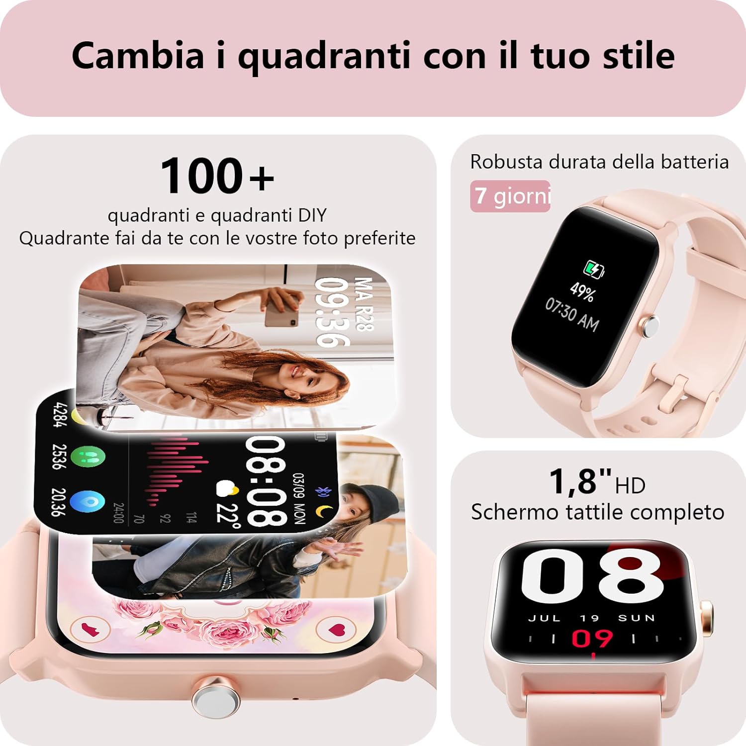 Smartwatch Donna Rispondi/Effettua Chiamate e Alexa, 1.8" Orologio Smartwatch SpO2/Frequenza Cardiaca/Sonno/Stress, Contacalorie/Passi/Distanza, 120 Modalità Sport, Orologio Fitness IP68 Regalo Donna - immagine 5