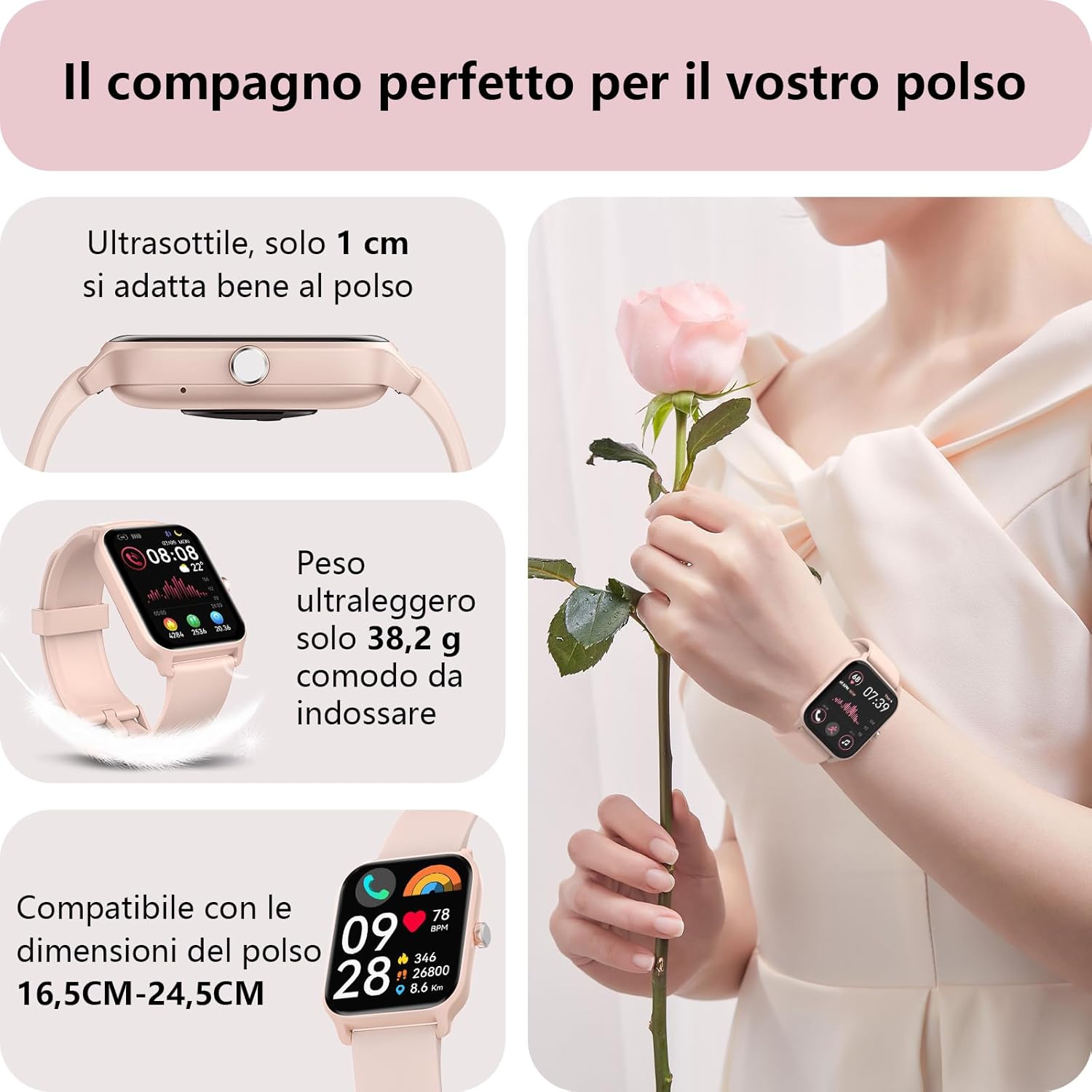 Smartwatch Donna Rispondi/Effettua Chiamate e Alexa, 1.8" Orologio Smartwatch SpO2/Frequenza Cardiaca/Sonno/Stress, Contacalorie/Passi/Distanza, 120 Modalità Sport, Orologio Fitness IP68 Regalo Donna - immagine 6