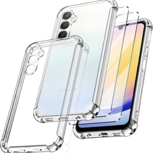 New&Teck Cover per Samsung Galaxy A25 5G + 2 Vetro temperato Protezione Schermo, Custodia in Silicone TPU Morbido, Antiurto con Angoli rinforzati Protezione Chiara (trasp
