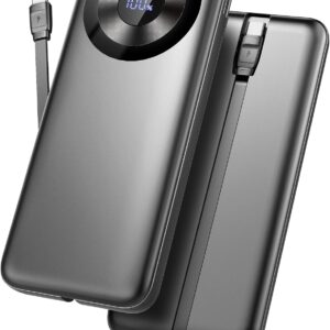 Power Bank 10000mAh, Sottile Powerbank 5V/3A Ricarica Rapida USB C Ingressi e Uscite, Potente Caricatore Portatile con Cavi Integrati, Caricabatterie Portatile per iPhone Samsung Cellulare Tablets ecc