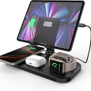 Caricatore Wireless per Apple, Stazione di Ricarica Wireless 4 in 1 per iPhone 16/15/14/13/iphone 12 pro max/12 pro, Stazione di Ricarica per Apple Watch 10/9/8/7/6/SE/5, Caricatore per AirPods 4