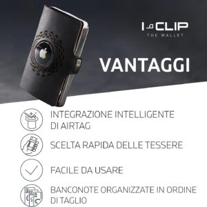 I-CLIP in acciaio inossidabile per Apple AirTag con fermasoldi intercambiabili – Portafoglio – Portafoglio sottile – Portafoglio compatibile con Apple AirTag – Acciaio Nero lucido