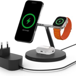 Belkin Caricabatterie wireless 3 in 1 con MagSafe, caricatore wireless rapida per iPhone (15 W) e per Apple Watch, stazione di ricarica per iPhone 16, 15, 14, 13, 12, Apple Watch e AirPods – nero