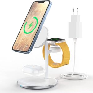 Stazione di ricarica induttiva, 3 in 1 senza fili, compatibile con caricabatterie Mag Safe per iPhone 14/13/12/11/Pro/Max, Apple Watch 7/6/5/4/3/2/SE, AirPods 3/2/Pro
