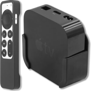 Pinowu, Supporto con staffa da parete compatibile con Apple TV 4K/HD, e custodia protettiva con cinturino per il polso per telecomando Siri remote (seconda generazione) (nero)