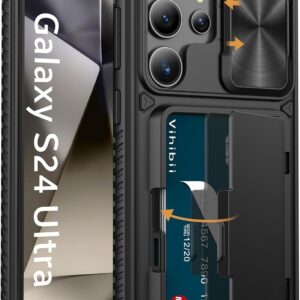 Vihibii Cover per Samsung Galaxy S24 Ultra con Porta Carte e Scorrevole per Fotocamera, TPU Robusto Resistente ai Graffi, Protezione di Livello Militare Custodia a Portafoglio per S24 Ultra, Nero