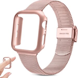 Yisica Cinturino per Apple Watch 40mm 44mm, Custodia Rigida Protettivo Cover, Cinturini in Acciaio Inossidabile Maglia Metallo Milanese per iWatch SE/6/5/4 (Oro Rosa & Cinturino Rosa)
