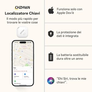CHZHVAN Air Tracker Tag Localizzatore Compatibile con Apple Dov’è (solo iOS), Batteria Sostituibile, Resistente all’acqua, Cercatore di Oggetti Bluetooth per Borse, Bagagli, Animali Domestici e Zaini