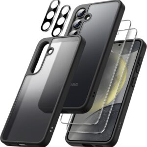 JETech 5 in 1 Cover Opaca per Samsung Galaxy S24+ / S24 Plus 5G con 2 Pellicola Protettiva e 2 Protezione Lente Fotocamera, Posteriore Traslucida Custodia, Vetro Temperato Film (Nero)