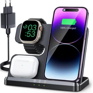 JARGOU Caricatore Wireless 3 in 1 Compatibile con iPhone 15 14 13 12 11 Pro Max/Mini/XR/8, Stazione di Ricarica Wireless per Apple Watch 9/Ultra 2/SE/8/7/6/5/4/3, Wireless Charger per AirPods Pro/3/2