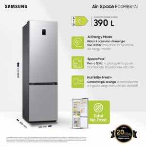 Samsung EcoFlex AI RB38C674CSA/EF Frigorifero Combinato, WiFi, SpaceMax, Total No Frost, All Around Cooling, Motore Digital Inverter Garantito 20 Anni, 390 L, LxAxP: 59,5 x 203 x 65,8 cm, Silver Inox