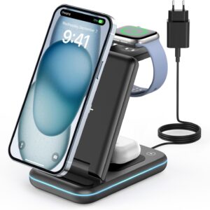JoyGeek Caricabatterie Wireless 3 in 1, pieghevole, per i Phone 16/15/14/13/12/11/Pro Max/X/8, Stazione di ricarica induttiva per iWatch 10/9/Ultra/SE/8/7/6/5/4, AirPods 4/2/3/Pro, (Nero)