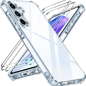 iVoler Anti Ingiallimento Chiaro Cover per Samsung Galaxy A55 5G con 3 Pezzi Vetro Temperato, Custodia Antiurto Trasparente per Assorbimento Degli Urti con Paraurti in TPU Morbido Sottile Case