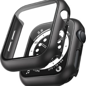 TAURI 2 Pezzi Cover per Apple Watch SE 40MM /Serie 6/Serie 5/Serie 4 40MM con Protezione in Vetro Temperato 9H, Tocco Sensibile, Chiaro HD, Design Sottile e Rigido – Nero
