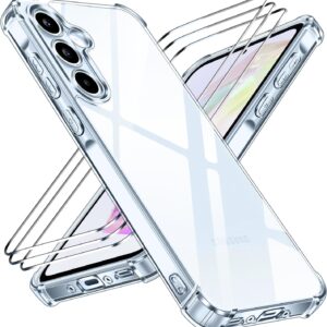 iVoler Anti Ingiallimento Chiaro Cover per Samsung Galaxy A35 5G con 3 Pezzi Vetro Temperato, Custodia Antiurto Trasparente per Assorbimento Degli Urti con Paraurti in TPU Morbido Sottile Case