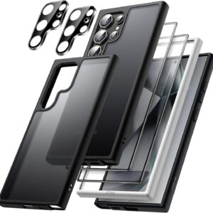JETech 5 in 1 Cover Opaca per Samsung Galaxy S24 Ultra 5G con 2 Pellicola Protettiva e 2 Protezione Lente Fotocamera, Retro Traslucido Protettiva Custodia, Vetro Temperato Film (Nero)