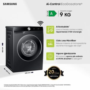 Samsung Lavatrice AI Control WW90DG6U85LB/U3 Libera installazione, 9 Kg, 1400 RPM, Wifi, Ecodosatore, Vapore, Carica Frontale, Corpo: Nero, Oblò: Nero, 60l x 85h x 60p cm, Normal