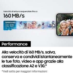 Samsung Memorie EVO Select Scheda MicroSD da 512GB, UHS-I U3, fino a 160 MB/s, compatibile con Smartphone, Tablet, Console Gaming, GoPro