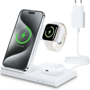 WATOE 3 in 1 Caricatore Wireless Stazione, 18W Ricarica Rapida Wireless Phone Charger Stand per iPhone16 15/14/13/12/11/Pro/Max/XS/XR/X/8/Plus, per Apple Watch 9/8/7/6/SE/5/4/3/2 e per AirPods 3/2/Pro
