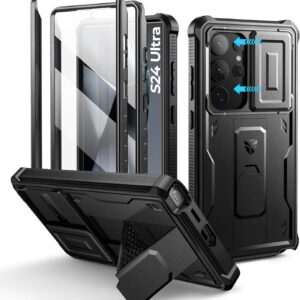 Dexnor per Cover Samsung Galaxy S24 Ultra con Copertura integrata della fotocamera scorrevole & Protezione dello schermo & Kickstand, Custodia resistente agli urti Copertura protettiva – Nero