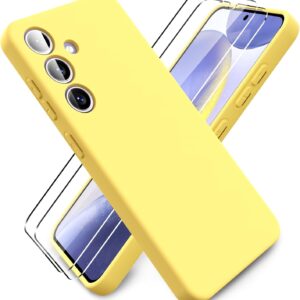Ikziwreo Cover per Samsung Galaxy S24, 2 Proteggi Schermo in Vetro Temperato,Custodia in Silicone Morbido TPU Liquido,Case Protettiva Gomma Antiurto – Giallo