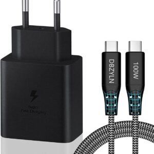 DBZYLN Caricatore 45W per Samsung Galaxy S24,S23,S22 Ultra,S24+ S23+,S22+,S21,S20,A54,Galaxy Tab S8 Ultra Caricabatterie Tipo C Ricarica Rapida USB C Carica Alimentatore con Cavo in Nylon – Nero