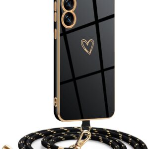 Mkej Cover per Samsung Galaxy S24 FE con cordino, Placcatura Silicone Cuore amore Custodia con Cordino, con Regolabile Staccabile laccio Case per Samsung Galaxy S24 FE, Oro nero