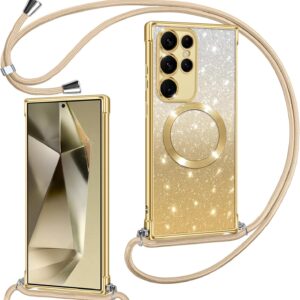 Phoona Cover Magnetica Glitter per Samsung Galaxy S24 Ultra 5G con Cordino, [Compatibile con MagSafe] Brillantini Sottile Lucida TPU Silicone Custodia per Samsung S24 Ultra Antiurto Cover, Oro