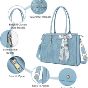 MOSISO Laptop Tote Borsa Compatibile con MacBook Pro 16&15-15,6 pollici Notebook,Anteriore Embossed Retro Ibisco Impermeabile PU Pelle Viaggi Work Briefcase con Seta Sciarpa&Piccolo Borsa,Aria Blu