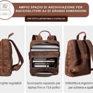 STILORD ‘Watson’ Zaino Laptop 15,6 Pollici Pelle Backpack Business Uomo Vintage Zaini per MacBook DIN A4 Daypack per Ufficio Zainetto Grande in Vera Pelle, Colore:seppia – marrone