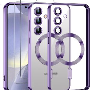 Phoona Cover Placcatura per Samsung Galaxy S24 Plus 5G 6,7″, Obiettivo per Fotocamera Protezione Completa e 2 × vetro temperato, Compatibile con MagSafe Ricarica Wireless, Protezione Militare, Viola