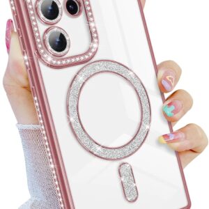 Newseego Custodia Magnetica Glitterata per Samsung S24 Ultra [Compatibile con Magsafe], Fotocamera Protettore Antiurto Diamanti Bling Morbido TPU Cover Ragazze Donne per Samsung S24 Ultra-Rosa