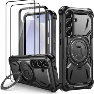 Lanhiem Cover Samsung S24 5G, Magnetica con Anello, Antiurto Militare Indistruttibile, Protezione Completa del Corpo a 360°con 2 Vetro Temperato, Custodia per Samsung Galaxy S24, Nero