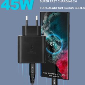 DBZYLN Caricatore 45W per Samsung Galaxy S24,S23,S22 Ultra,S24+ S23+,S22+,S21,S20,A54,Galaxy Tab S8 Ultra Caricabatterie Tipo C Ricarica Rapida USB C Carica Alimentatore con Cavo in Nylon – Nero