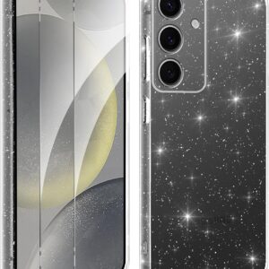 Votvloay Cover Glitter per Samsung Galaxy S24 5G 6,2” con 2 Pellicola Protettiva in Vetro Temperato, Aesthetic Brillantini Antiurto Custodia, Morbido TPU Silicone Case per Samsung S24 5G, Trasparente