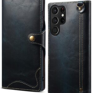Custodia a portafoglio per Samsung Galaxy S24 Ultra/S24 Plus/S24, custodia protettiva magnetica Custodia in pelle di vacchetta con texture a cera d’olio di lusso (S24 Ultra, blu)