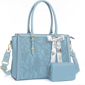 MOSISO Laptop Tote Borsa Compatibile con MacBook Pro 16&15-15,6 pollici Notebook,Anteriore Embossed Retro Ibisco Impermeabile PU Pelle Viaggi Work Briefcase con Seta Sciarpa&Piccolo Borsa,Aria Blu